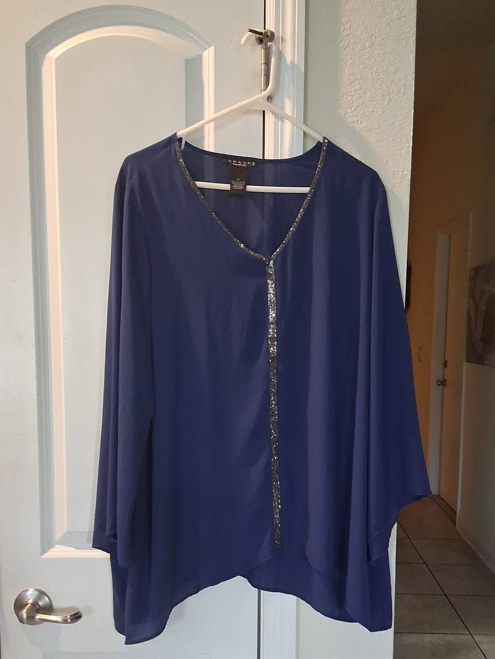 Grace Navy Sequin-Trim V-Neck Tunic